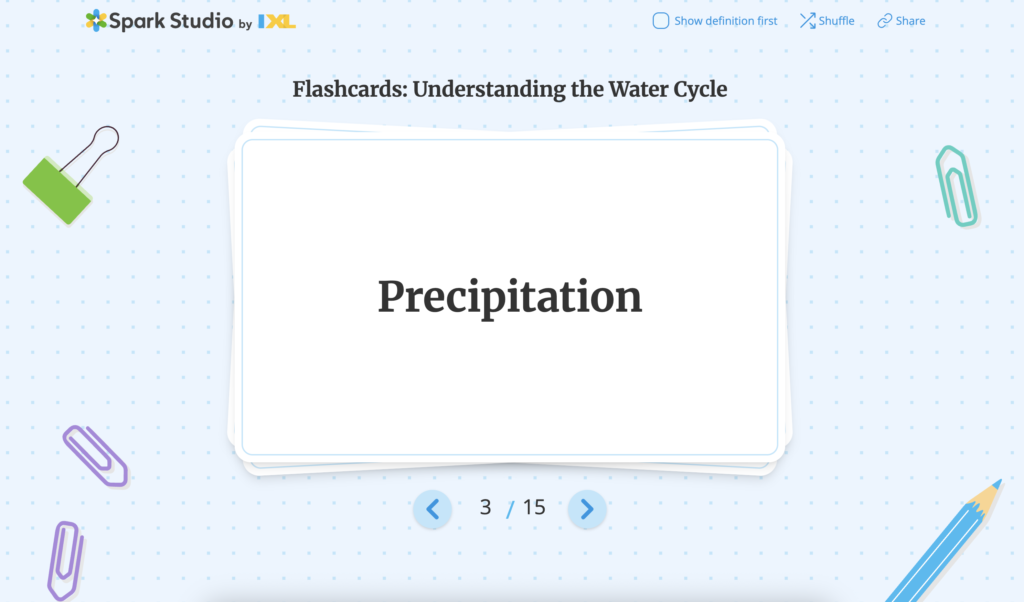 A digital flash card with the word "Precipitation" on it, as part of a flashcard series called "Understanding the water cycle." It is the third of 15 flashcards. In the top right of the screen are options to show the definition before the word, shuffle the flashcards, and share them.
